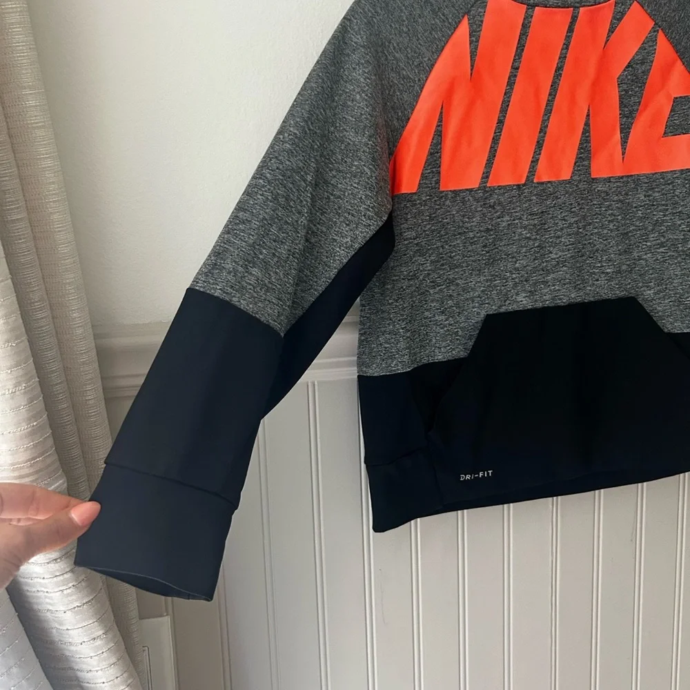Nike Boys Medium Gray and Black Hoodie with Orange Logo Dri Fit